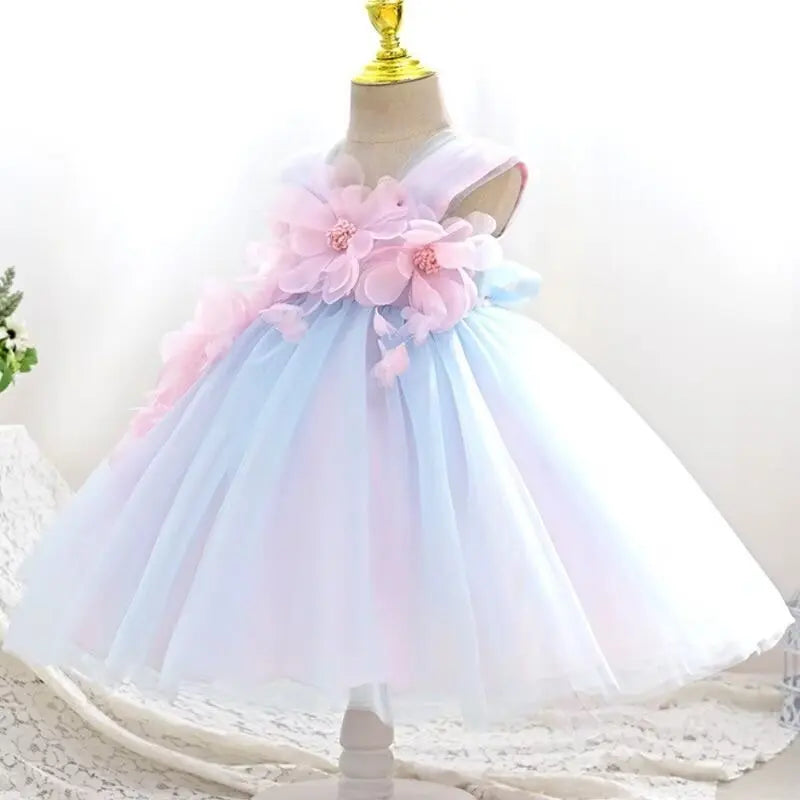 Girl Mesh Puffed Flower Design Light Color Birthday Dress