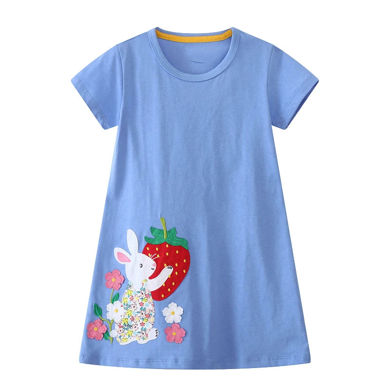 Little Girls Cartoon Flowers Rabbits Embroidered Dresses childrensterritory