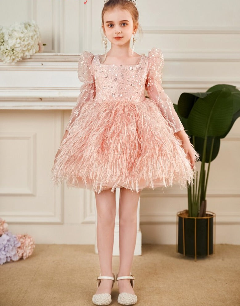 Fluffy Shiny Feather Princess Birthday Party Dresses for Girls childrensterritory