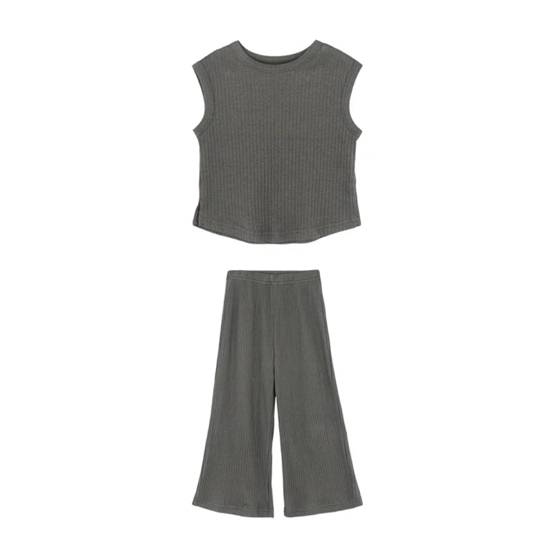 Kids Girls Summertime Sleeveless T-Shirt + Trousers Casual Outfit Set childrensterritory