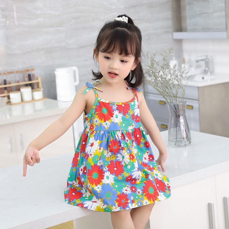 Floral Print Kids Girls Sleeveless Cotton Dresses childrensterritory