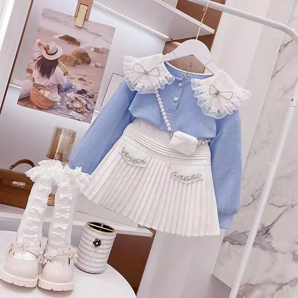 Kids Girls 2PCS Winter Knitted Casual Top + Skirt Set