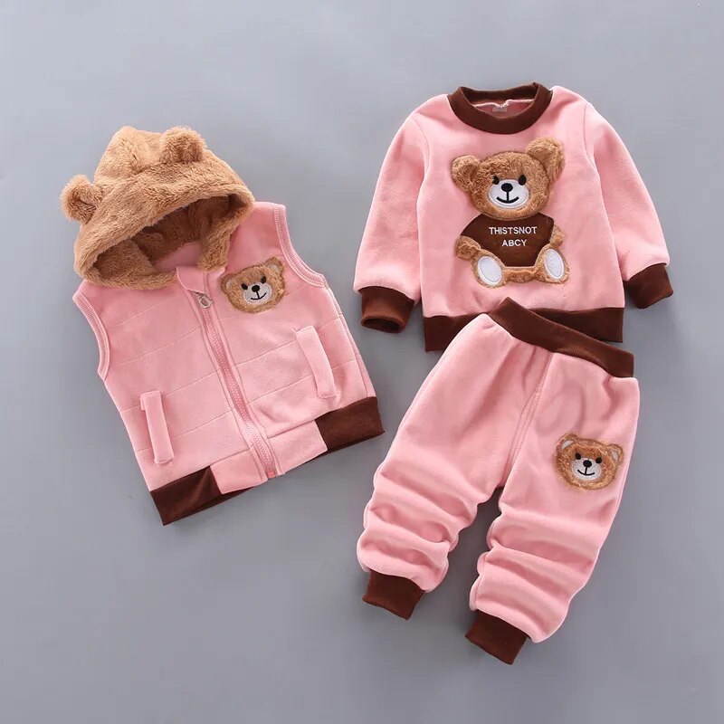 Baby Fleece Cartoon Bear Design, 3 Pieces Warm Clothing Set childrensterritory