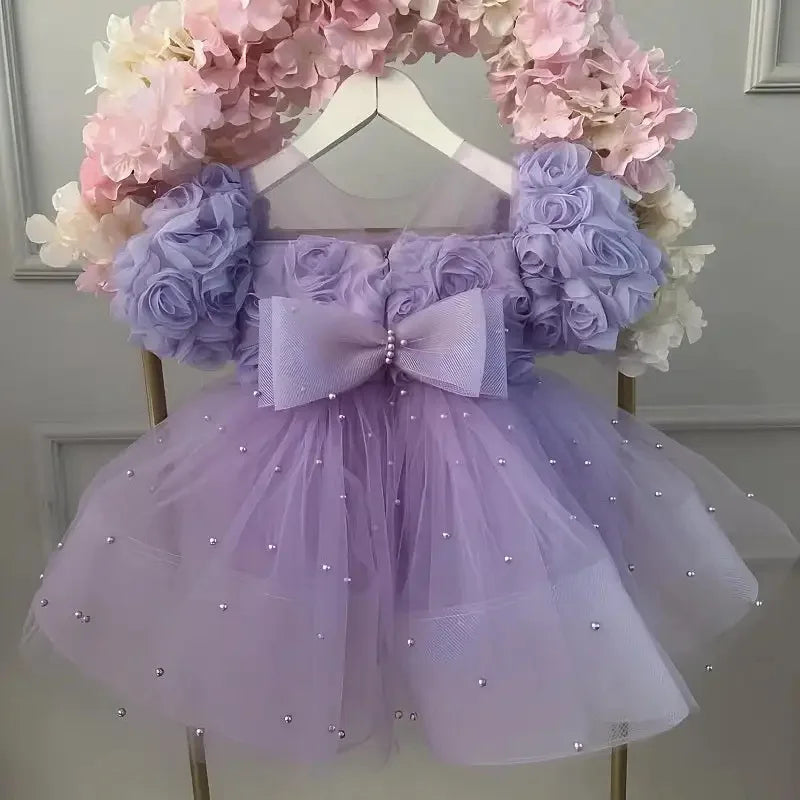 Girls Rose Design Fluffy Birthday Party Dresses