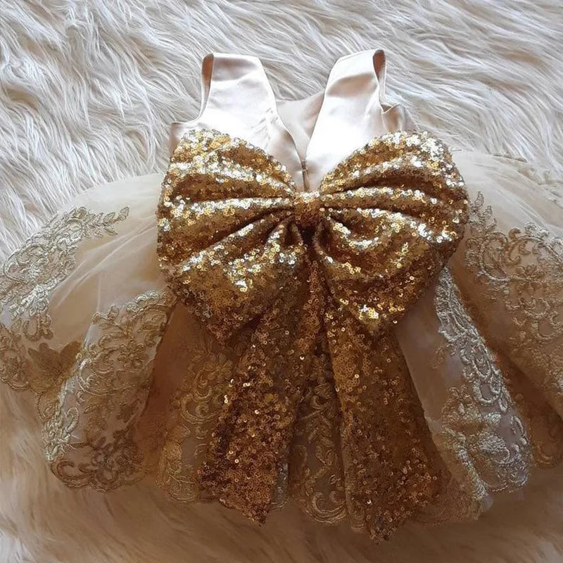 Gold Sequined Bow Knee Length First Birthday Party Dress