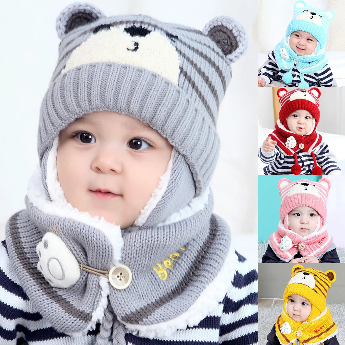 Cartoon Bear Striped Knit Woolen Scarf Cap for Baby childrensterritory