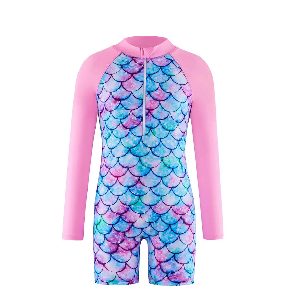 Unicorn and Floral Print Little Girls Zipper Swimsuits