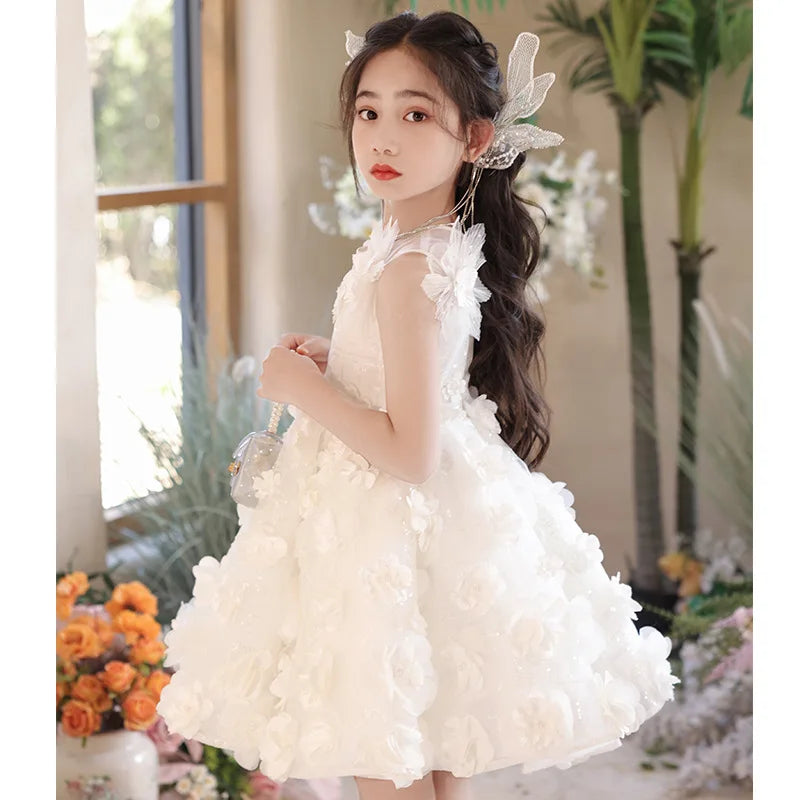 3D Flower Puffy Sleeve Girls White Lace Dresses for Birthday childrensterritory