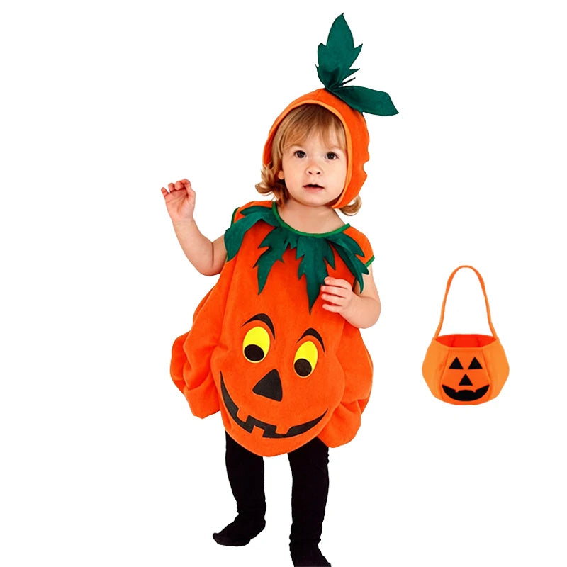 Kids Girls Fancy Cosplay Dresses for Halloween with Pumpkin Bag