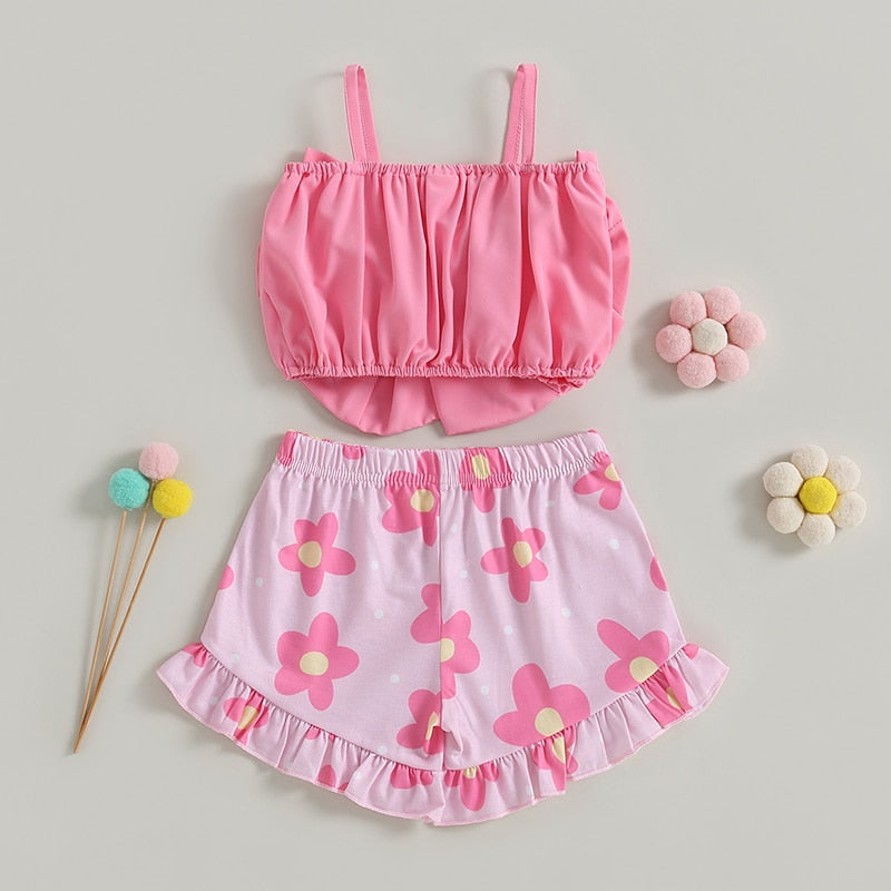 Kids Girl 2Pcs Big Bow Vest Top and Striped Floral Shorts Outfit childrensterritory