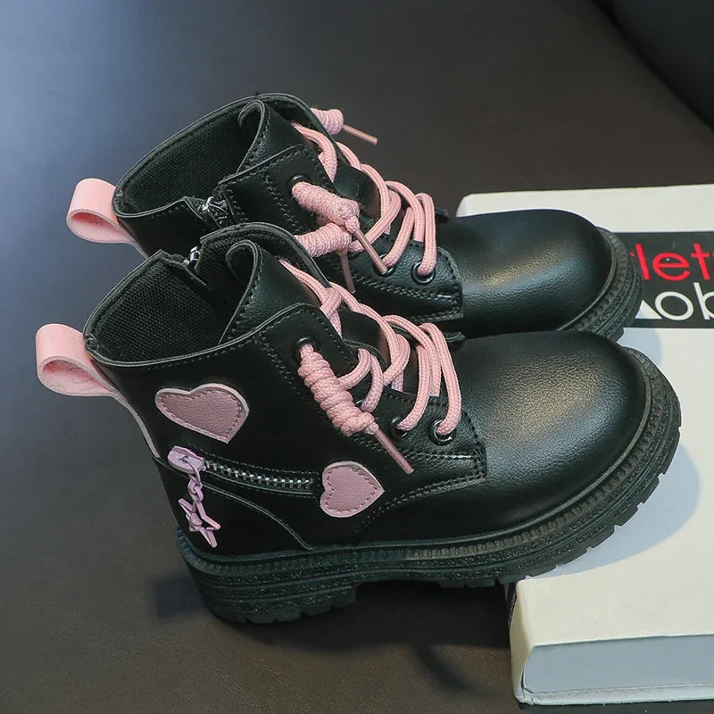 Heart Design Kids Girls British PU Ankle Boots
