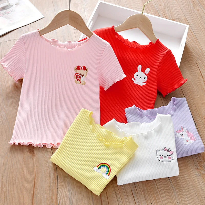 Kids Girls Ruffle Sleeves Cartoon Printed Tops
