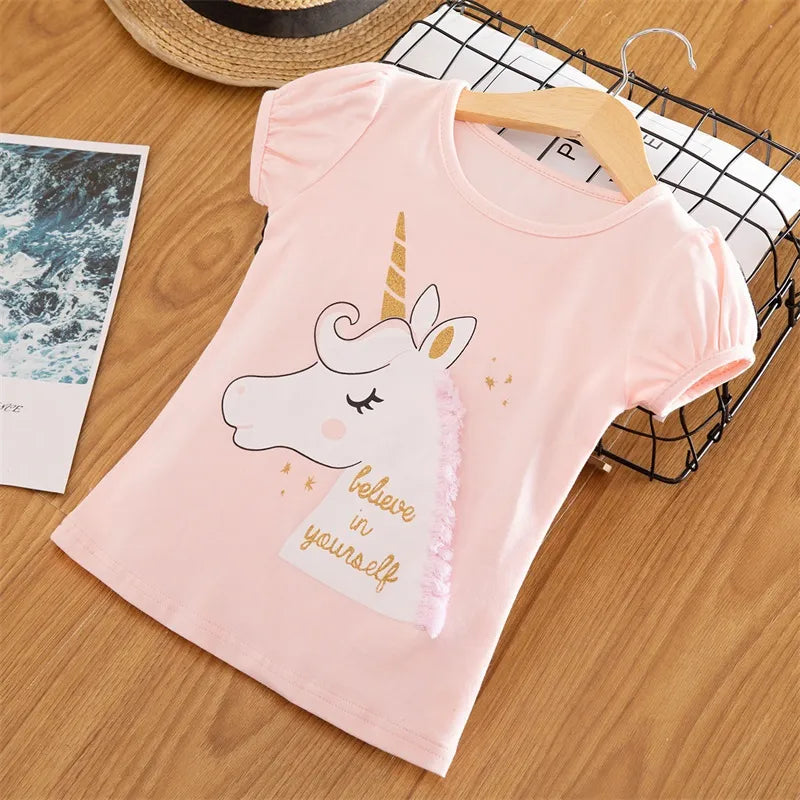 Kids Girls Unicorn Print Short Sleeve Party Wear Tops childrensterritory