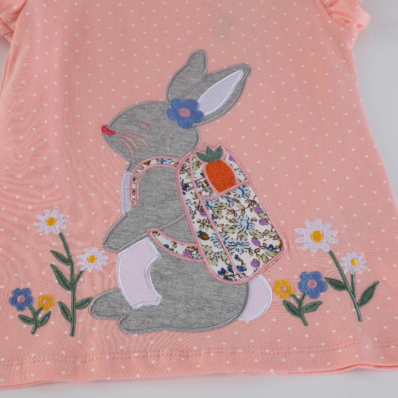 Cartoon Rabbit Embroidery Little Girls Cotton Tops for Summer childrensterritory