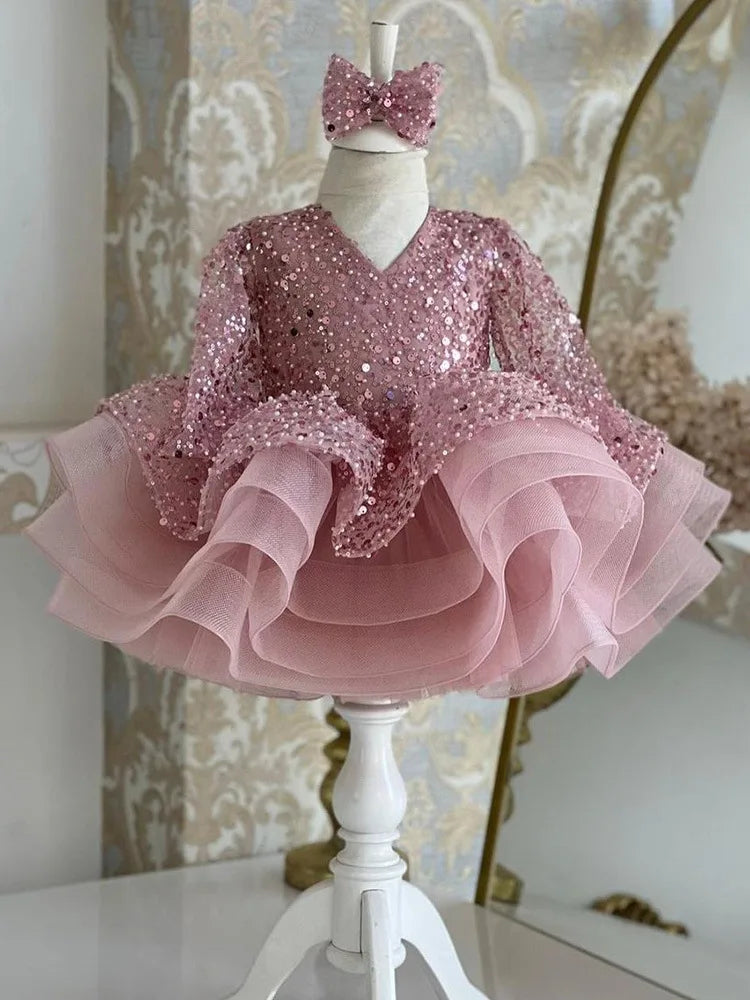 Puffy Glitter Sequined Flower Girl Dress with Detachable Train