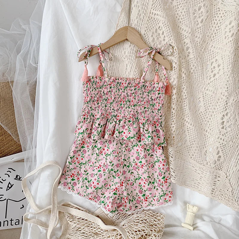 Floral Print Rustic Style Little Girl Sling Tops and Shorts Set childrensterritory