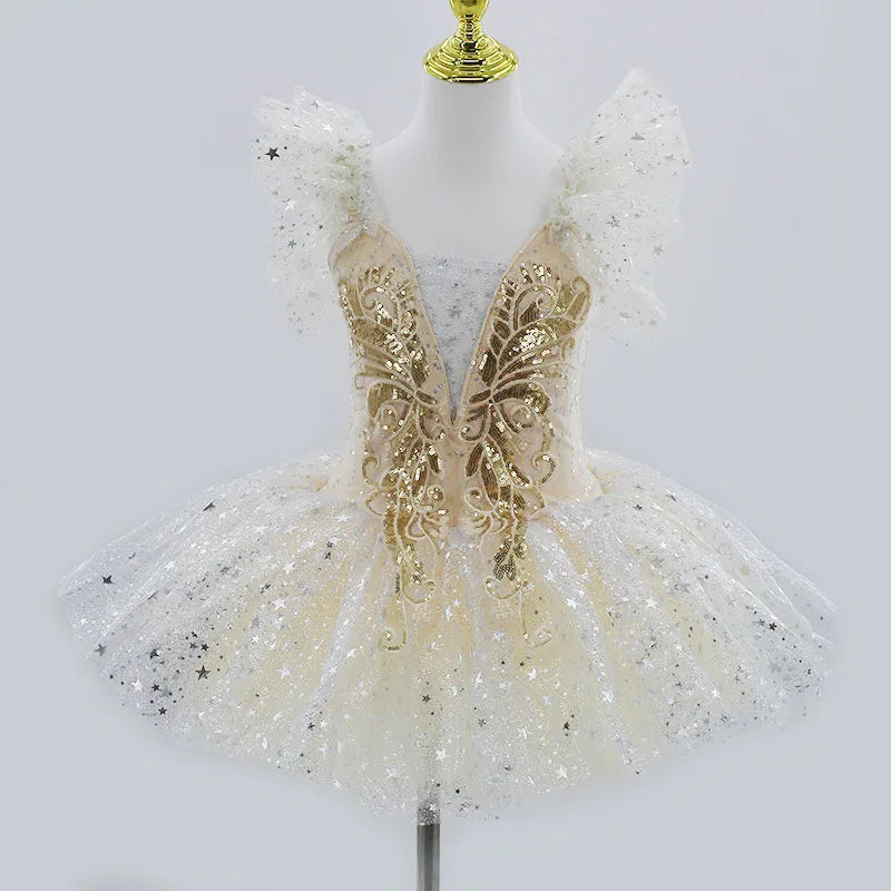 Kids Girls Professional Gold Sequin Ballet Tutu Dress