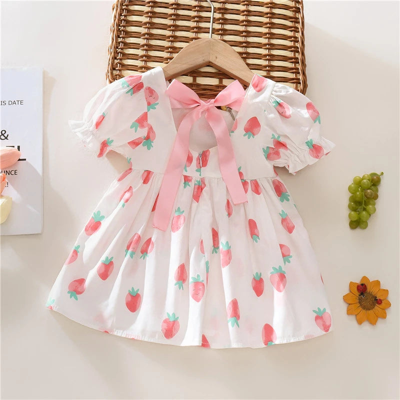 Strawberry Print Baby Girl Flower Backless Dress