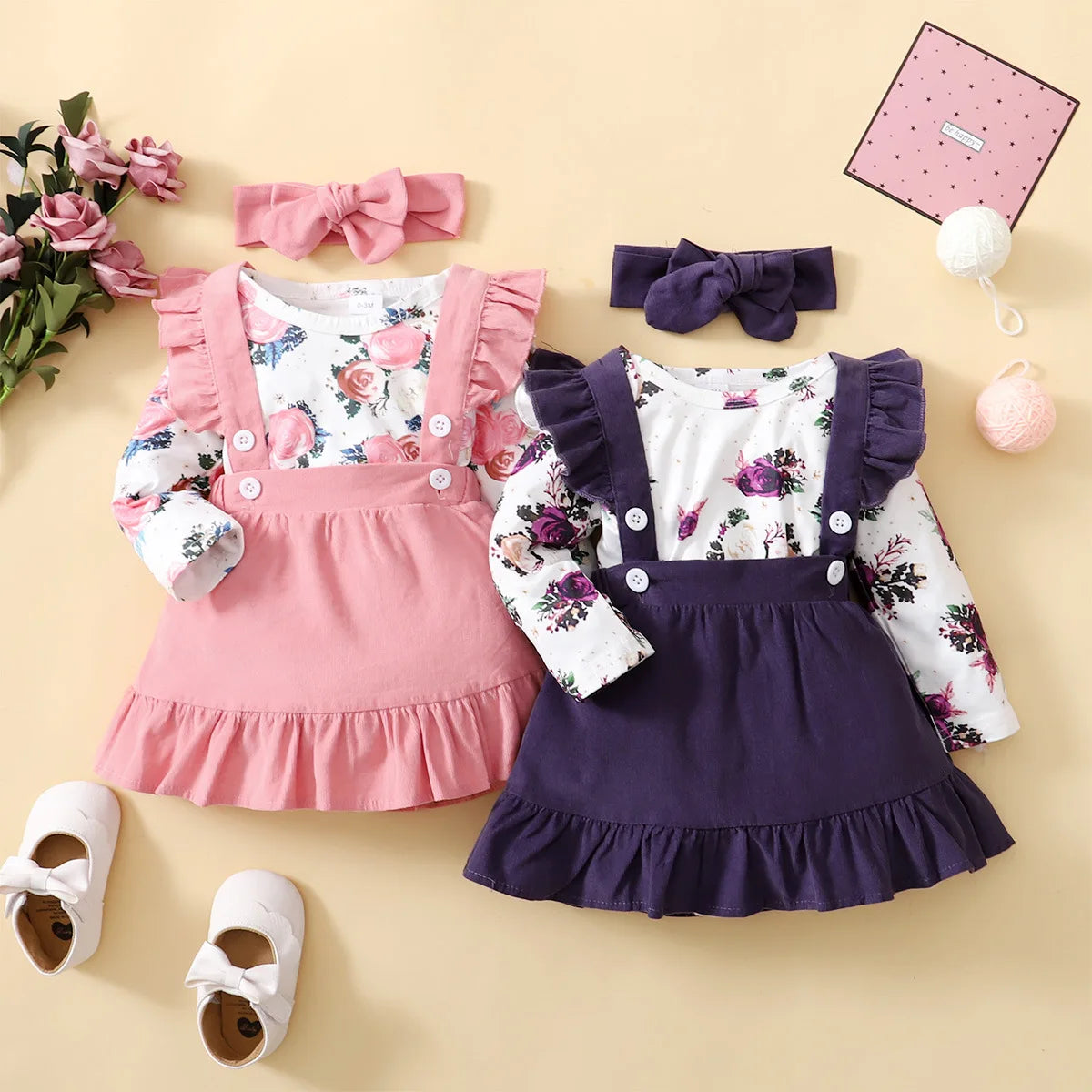 Baby Girl Printed Romper & Suspender Skirt Outfit Set