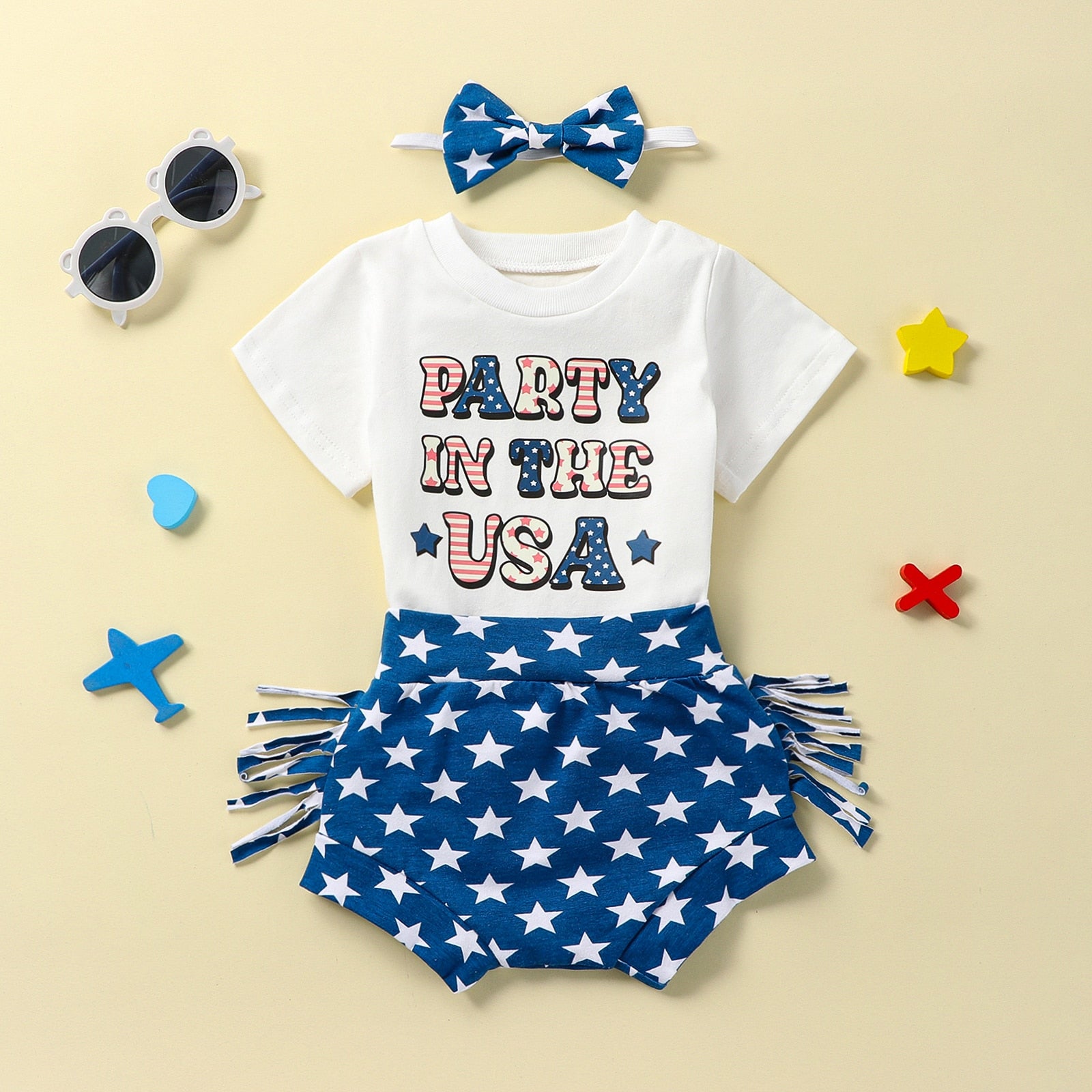 4th of July Baby Girl Outfit Letter Top and Tassel Shorts childrensterritory