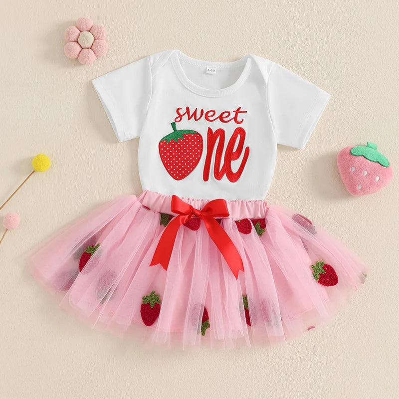 Baby Girl Strawberry Print Romper and Tulle Skirt 2 Pcs Set