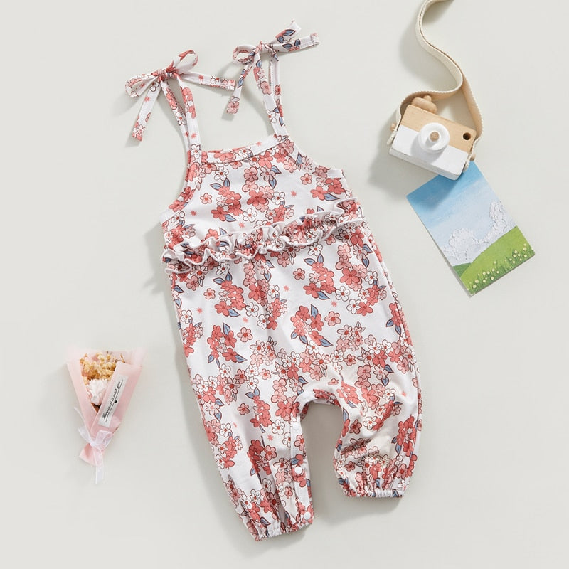 Tie-Up Spaghetti Straps Flower Print Baby Girl Jumpsuit childrensterritory