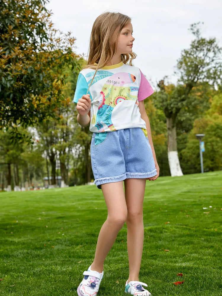 Kids Girls Cartoon Printed T-shirt and Denim Short Set childrensterritory