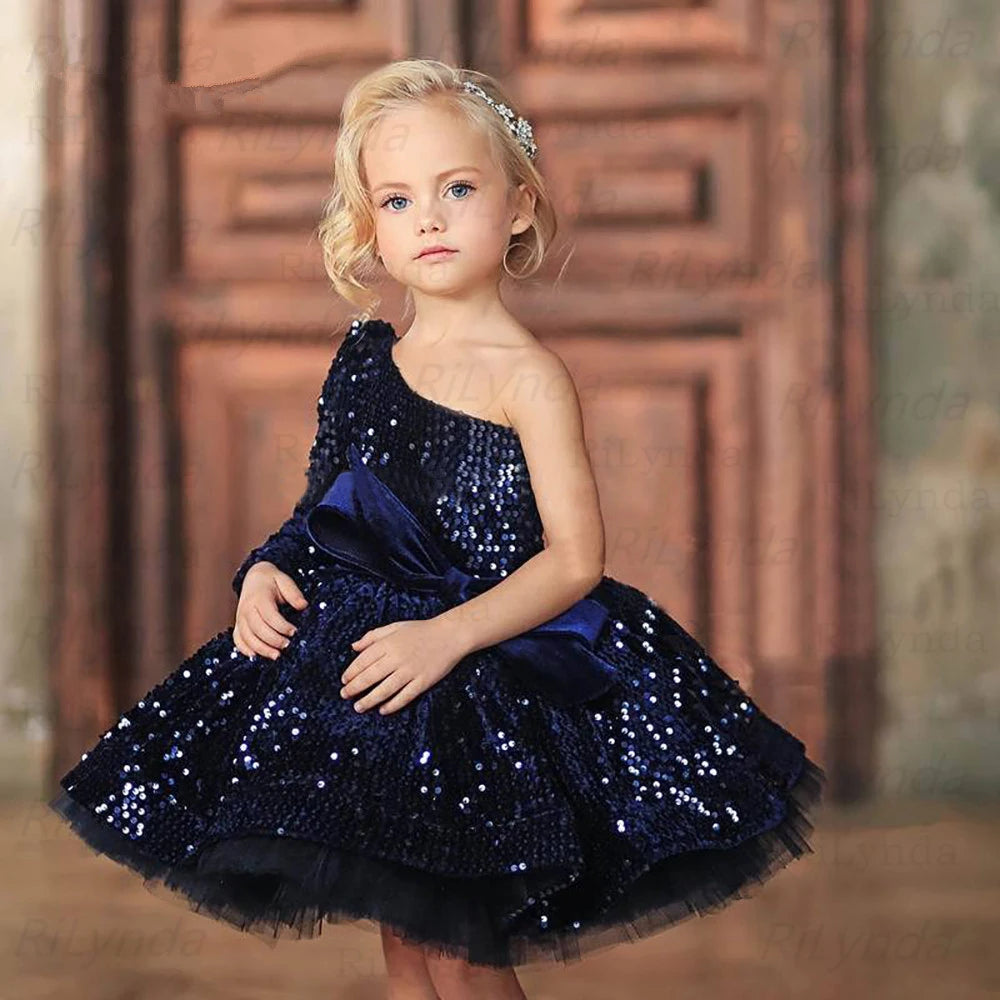 Kids Girls Navy Blue Bows Pleat One Shoulder Fluffy Dress