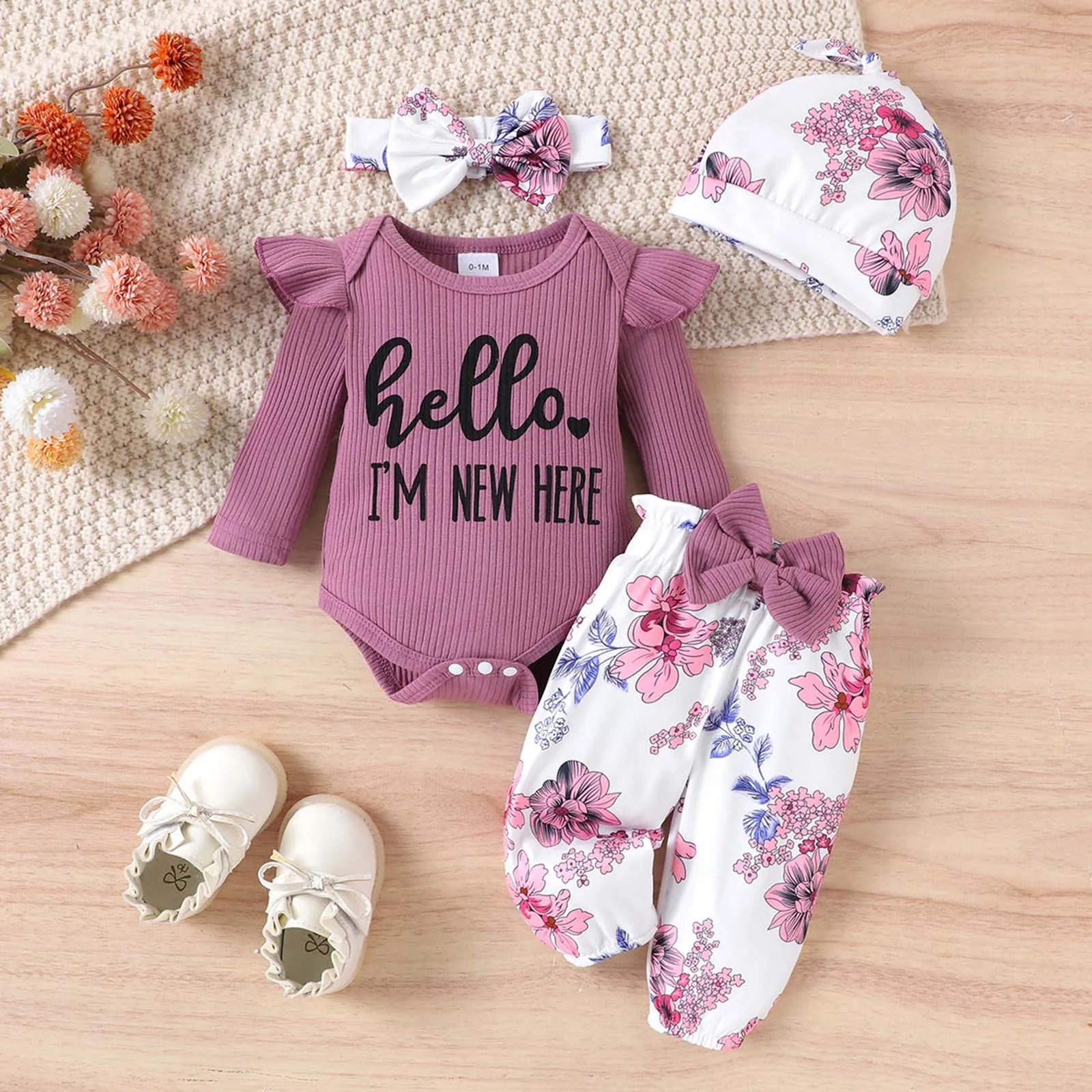 Newborn Girls Ruffle Romper Floral Pants with Hat Outfit