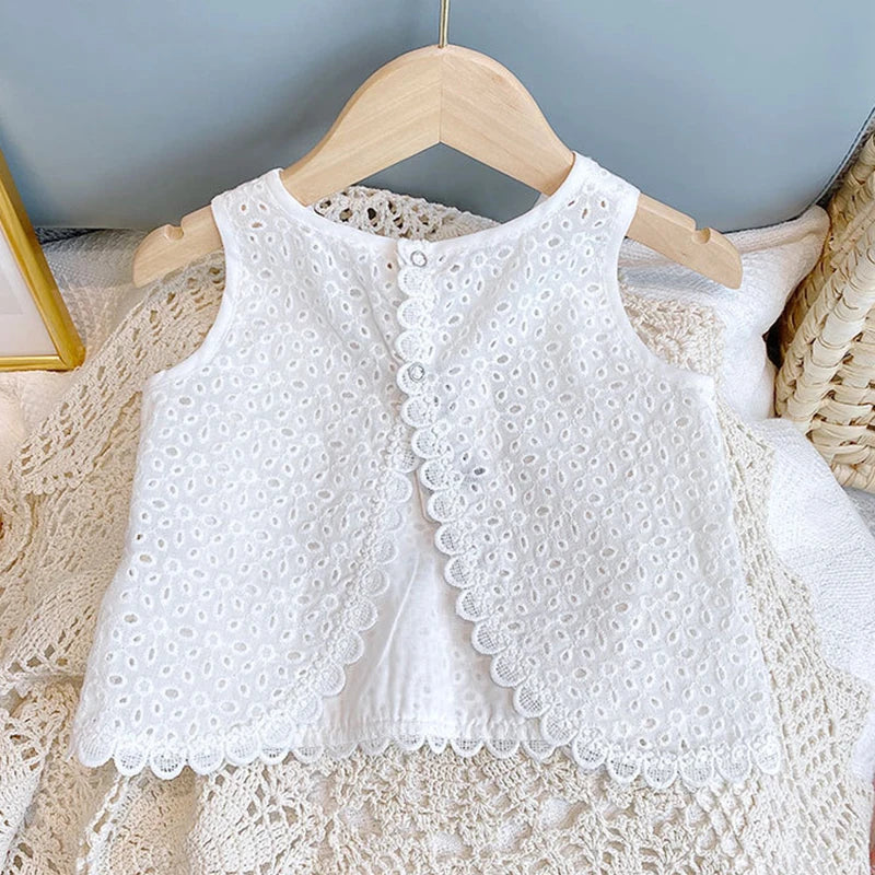 Hollow Lace Casual Sleeveless T-Shirt+Shorts Toddler Clothing Sets childrensterritory