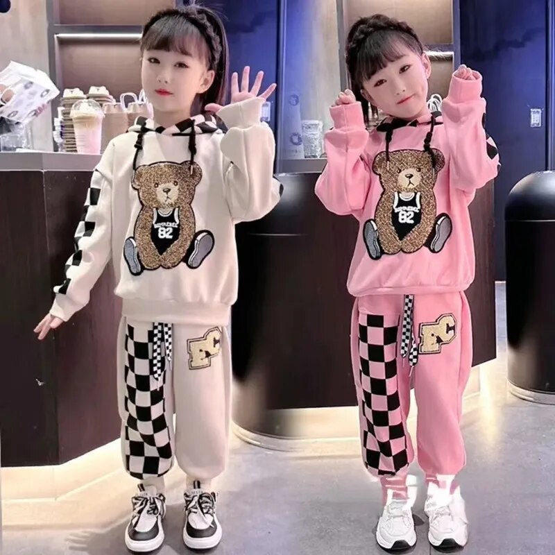 Kids Cartoon Bear Design Plush Hooded 2pcs Sports Suit Set childrensterritory