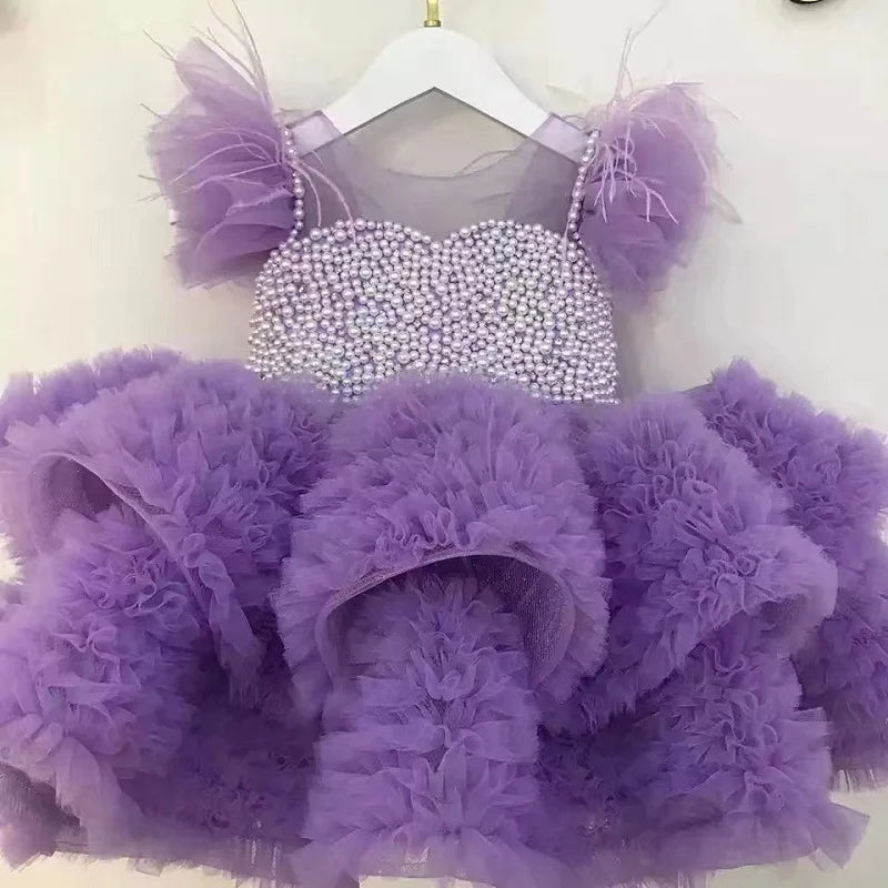 Pink Pearls Beaded Puffy Birthday Party Dress for Little Girls