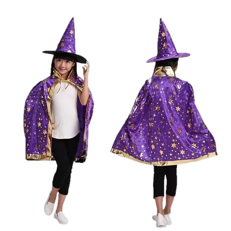 Kids Black Purple Red Carnival Cloak with Witch Hat