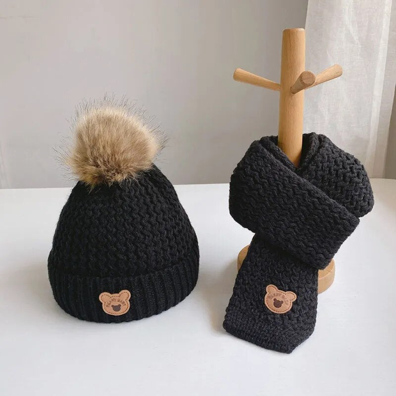 2Pcs Cute Bear Embroidery Baby Hats and Scarf Set childrensterritory