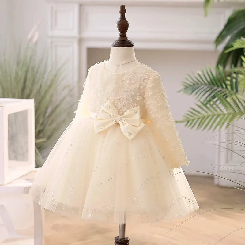 Toddler Girl Elegant Lace Bow Design Baptism Dress
