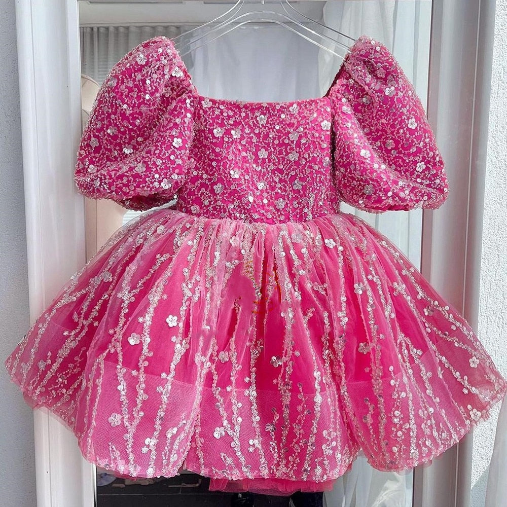 Kids Girls Layered Tulle Glitter Flower Dress with Big Bow childrensterritory