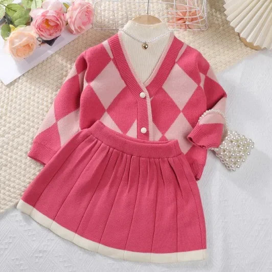 Kids Girls Retro Style Plaid Winter Party Dresses 2pcs Set