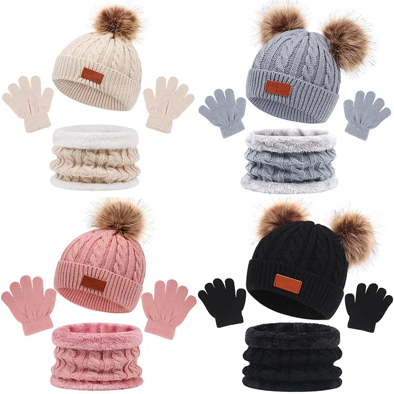 Toddler 3Pcs Cute Pompom Knitted Hats Scarf Gloves Set childrensterritory