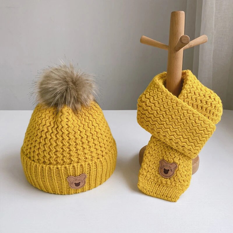 2Pcs Cute Bear Embroidery Baby Hats and Scarf Set childrensterritory