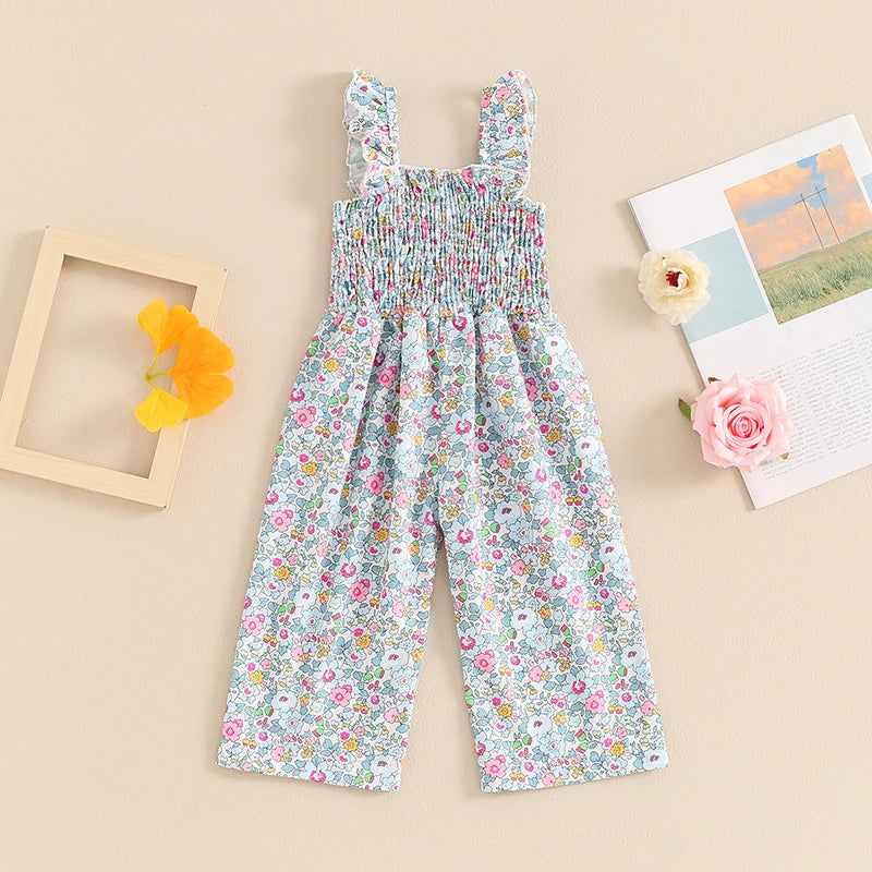 Little Girls Lovely Floral Print Wide Leg Summer Jumpsuit childrensterritory