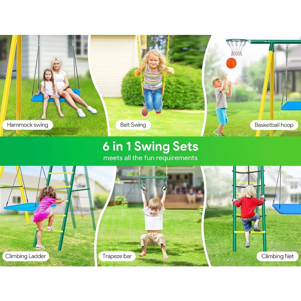 6 in 1 Kids Heavy-Duty Metal Swing Sets for Backyard
