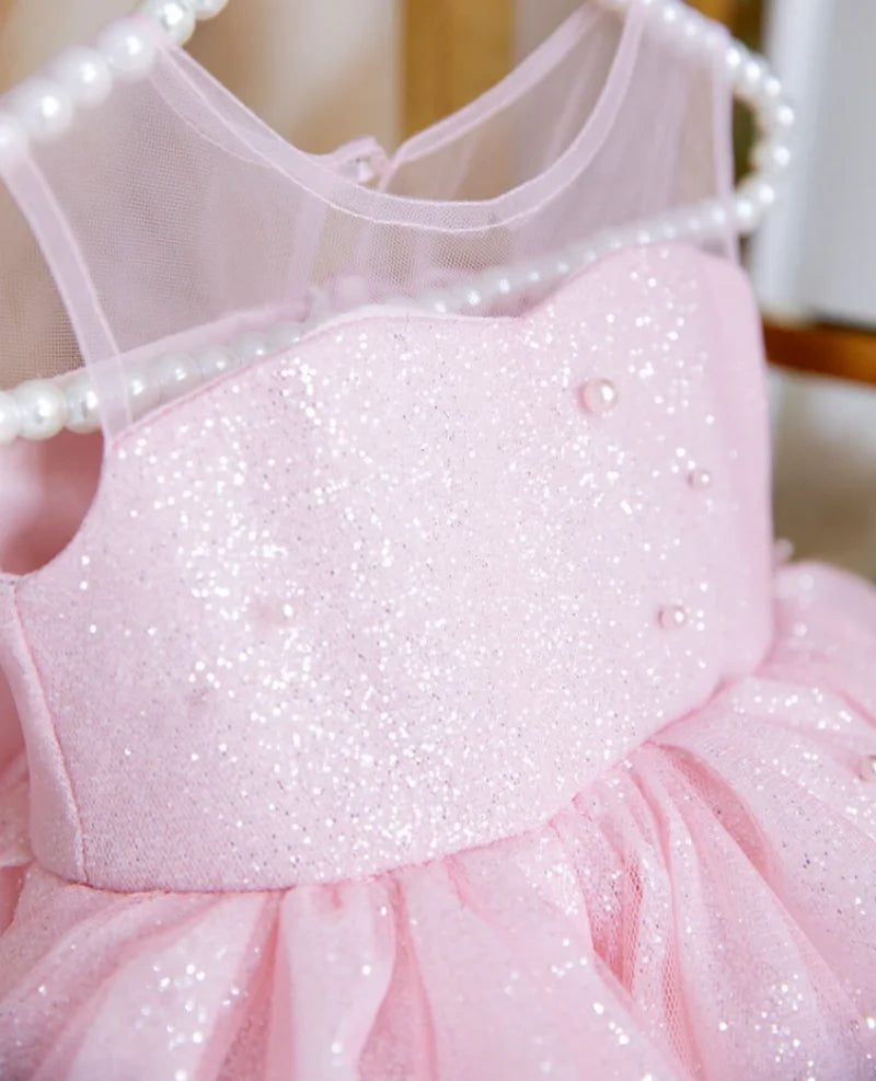 Baby/Kid Girls Light Pink Sparkly First Birthday Dress With Pearls childrensterritory