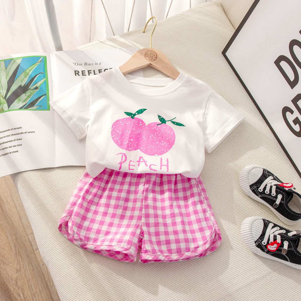 Baby Girl Fruit Print Top with Plaid Shorts Clothing Set childrensterritory