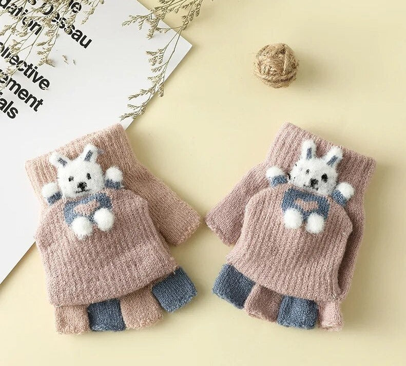 Cartoon Bunny Warm Half Finger Flip Gloves for Kids childrensterritory