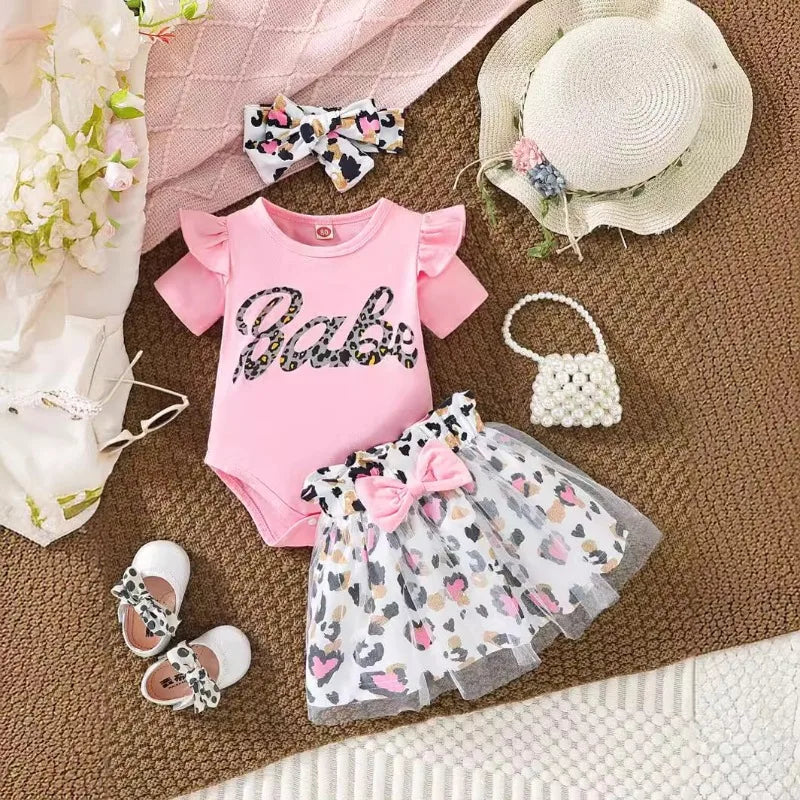 Baby Girl Babe Print Romper and Leopard Print Tulle Skirt Dress