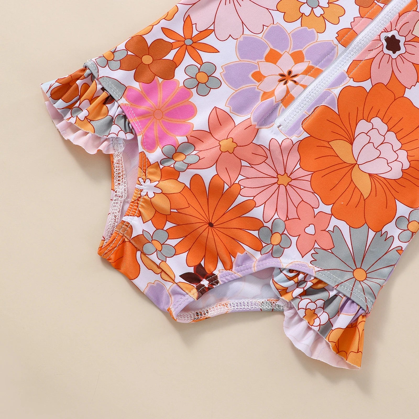 Tie-Up Hollow-Out Kids Girls Floral Print Swimwear with Hat