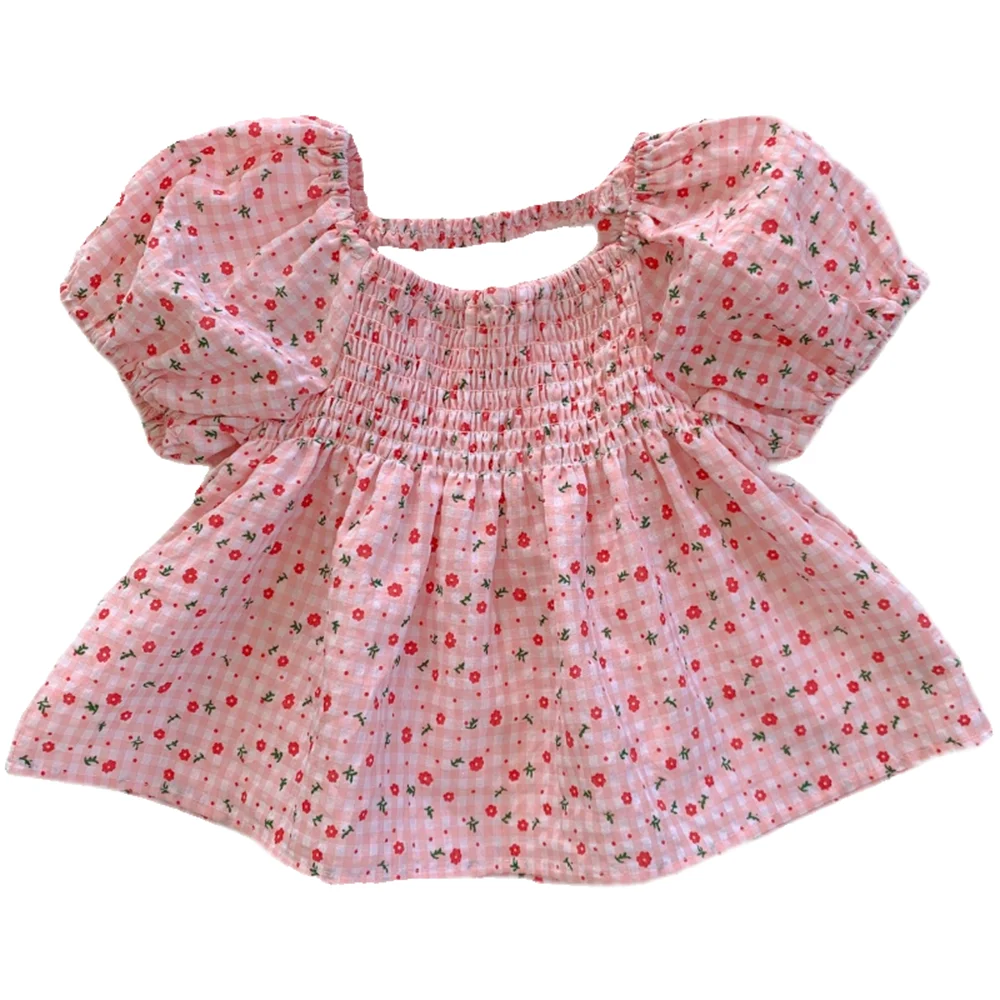 Korean Style Square Collar Little Girls Floral Pleated Tops childrensterritory