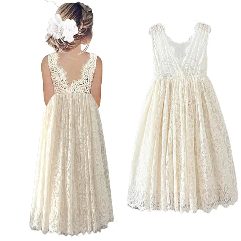 Solid Lace Design Long Wedding Flower Girl Cotton Dresses