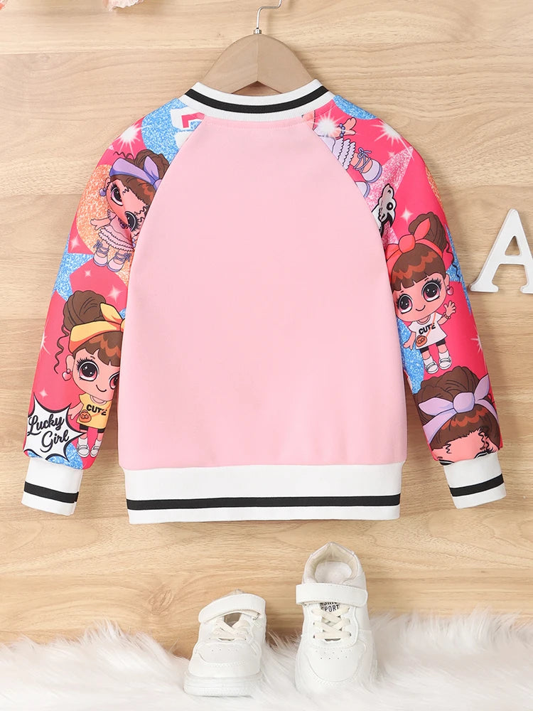 "A" Pattern and Cartoon Doll Print Kids Girls Jackets childrensterritory