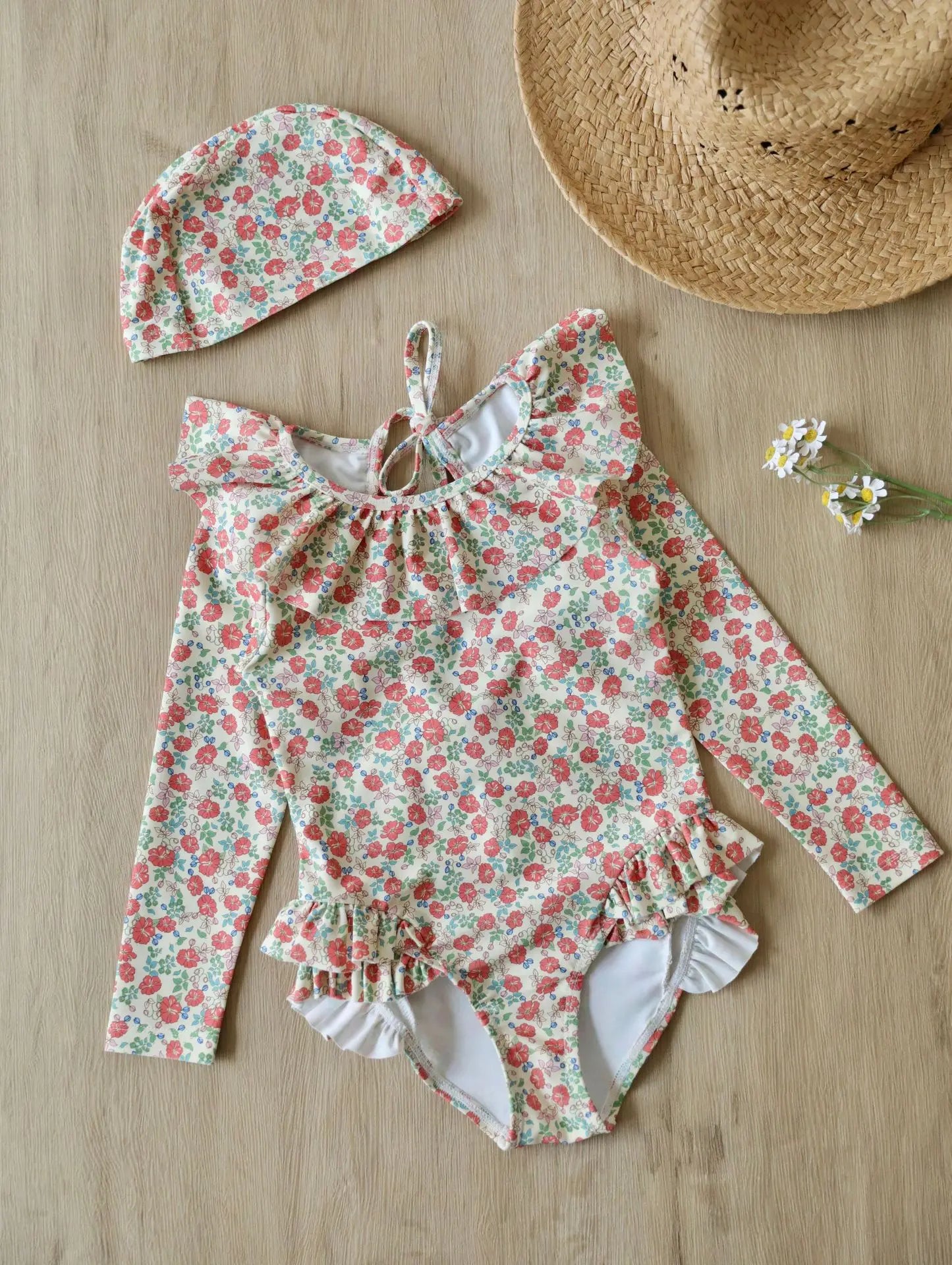 O-Neck and Long Sleeve Kid Girl Floral Bodysuit Swimwear